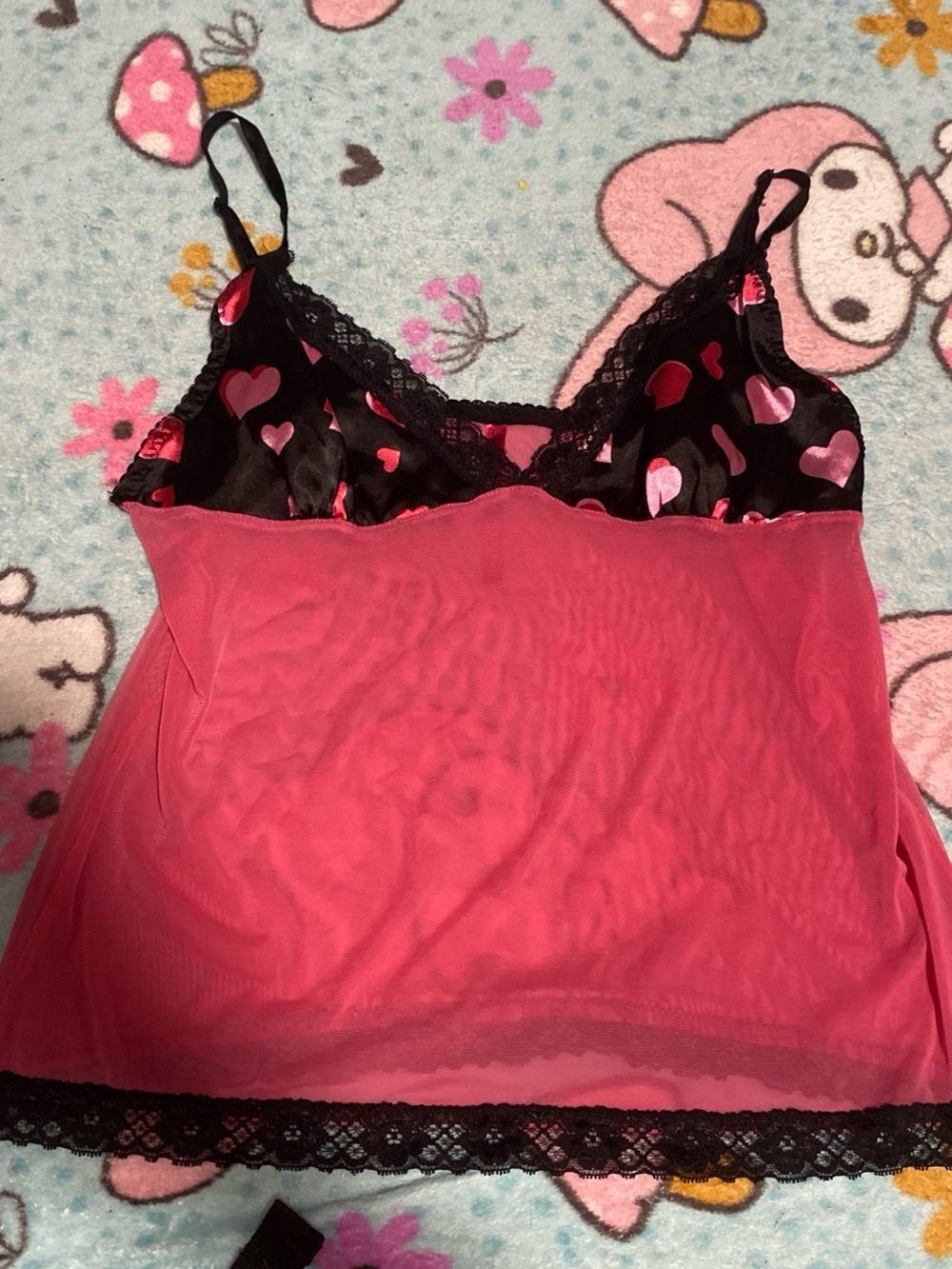 Pink Mesh Heart-Print Lace Trim Camisole